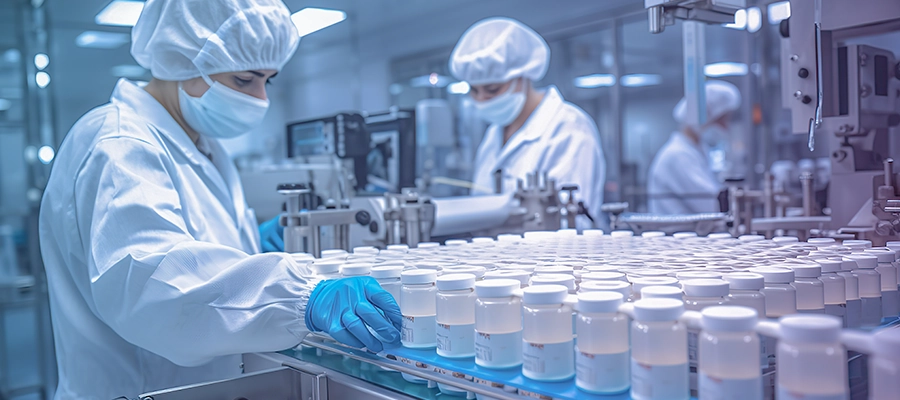 Pharma manufacturing professionals working with a QMS system.